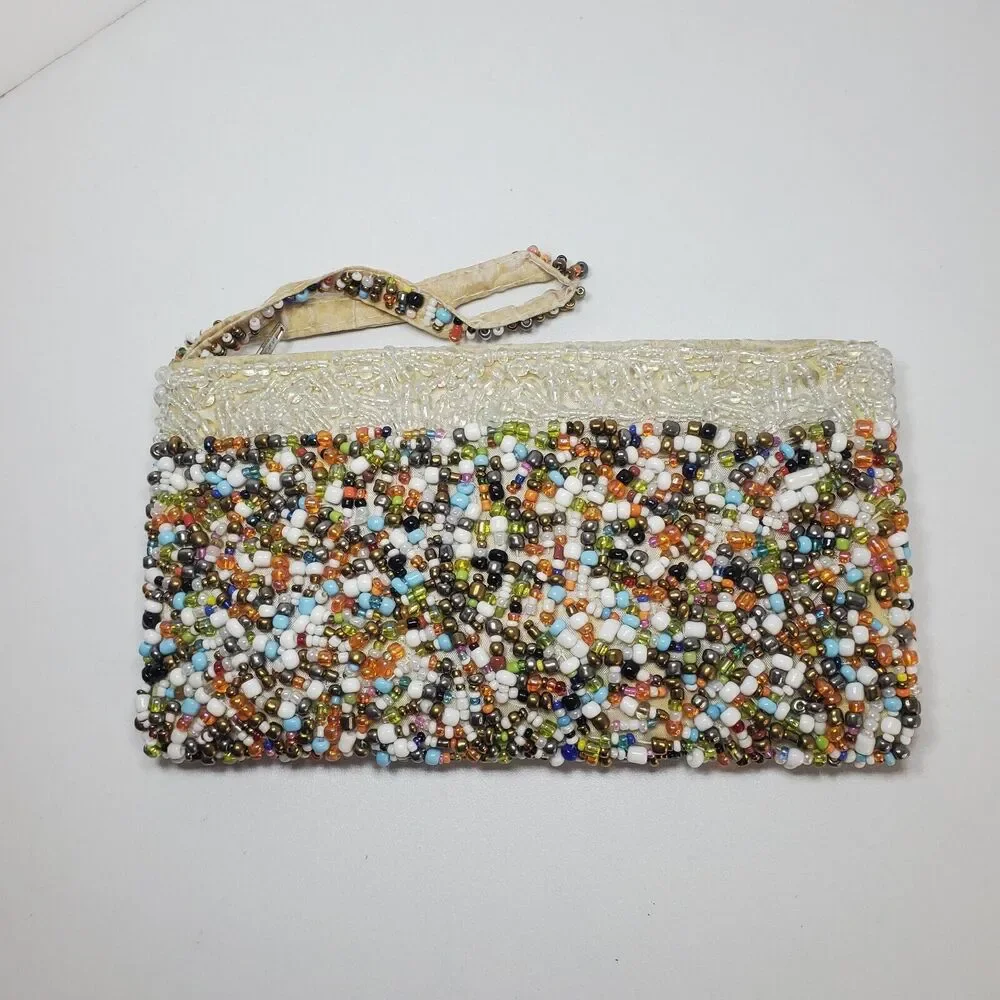 VTG Cream/Multi HEAVY GLASS BEADS Evening Cocktail WRISTLET CLUTCH Purse 1960s